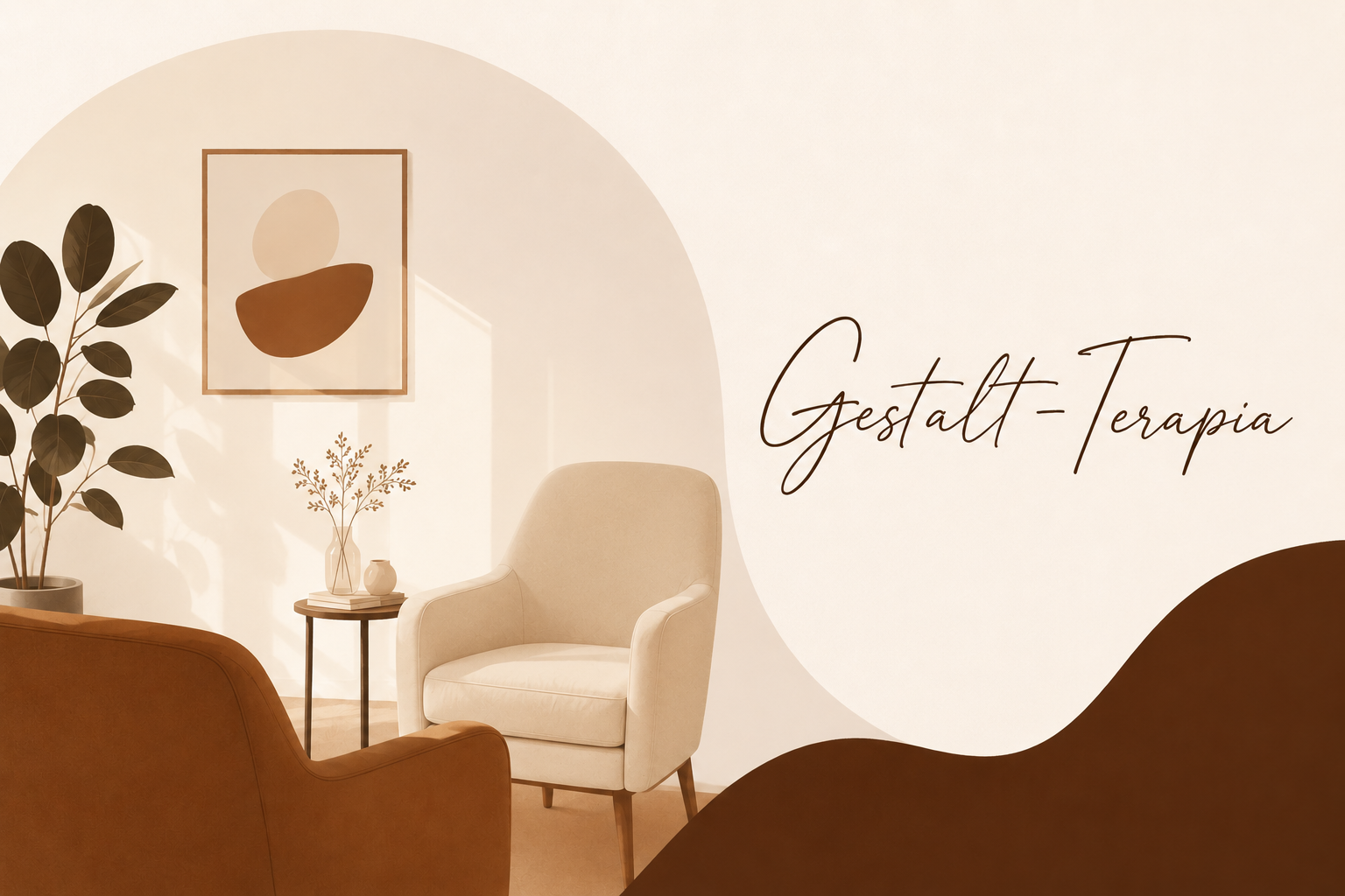 Sala de consultório com poltrona bege, planta e quadro abstrato — ambiente de psicoterapia Gestalt-Terapia