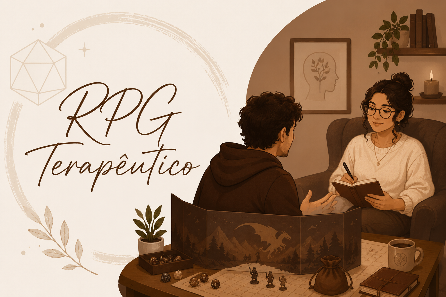 Sessão de RPG Terapêutico — psicólogo e paciente jogando com dados e miniaturas num consultório acolhedor